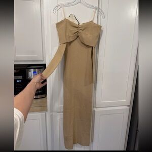 Tan Off The Shoulder Strapless Sweater Dress